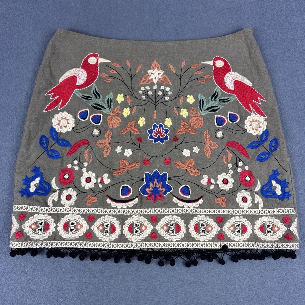 Alter'd State Embroidered Mini Skirt Floral Bird Boho Cottage Core Medium